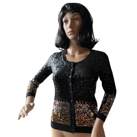 C by Bloomingdales cashmere mix sequenced cardigan black gold silver size small - Picture 3 of 15